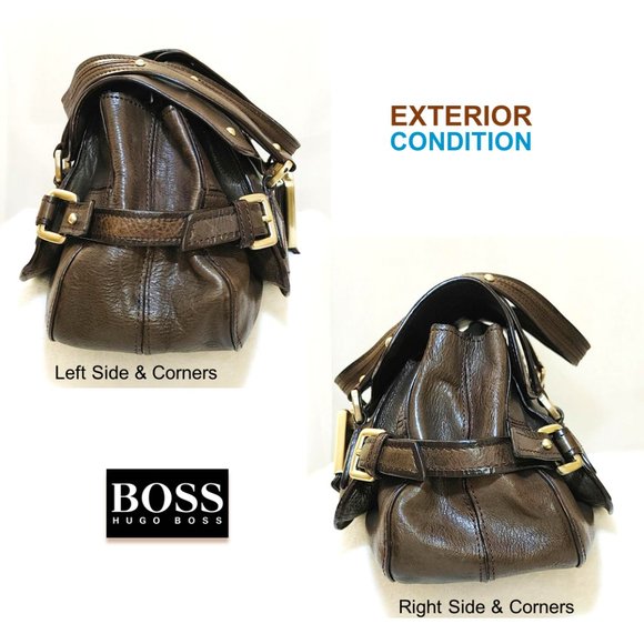 HUGO BOSS Dark Brown Genuine Leather Satchel Handbag Carry Flap Top Dual Handles - Picture 6 of 12